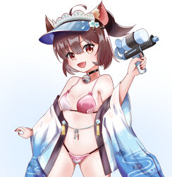 Rule 34 | 1girl, 3 tsuki usagi roi no oekaki, absurdres, animal ears, bell, bikini, black choker, blue hat, blue jacket, blush, breasts, brown eyes, brown hair, cat ears, cat girl, choker, commentary request, cowboy shot, fang, gradient background, grey background, hair between eyes, happi, hat, high ponytail, highres, holding, holding water gun, ichihime, jacket, japanese clothes, jingle bell, looking at viewer, mahjong soul, medium bangs, navel, neck bell, open clothes, open jacket, open mouth, pink bikini, short hair, short ponytail, simple background, skin fang, small breasts, smile, solo, swimsuit, tassel, visor cap, water gun, white background