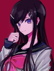 Rule 34 | 1girl, akitsu (davis0527dx), black hair, blue eyes, bow, closed mouth, commentary request, danganronpa: trigger happy havoc, danganronpa (series), hair ornament, hairclip, hand up, highres, long hair, long sleeves, looking at viewer, maizono sayaka, pink bow, pink neckwear, red background, sailor collar, school uniform, shirt, simple background, sketch, smile, solo, upper body, white shirt