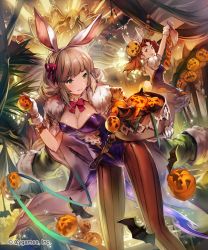 Rule 34 | 10s, 2girls, :d, alternate hair color, animal, animal ears, bad id, bad pixiv id, basket, bat (animal), bow, bowtie, breasts, brown eyes, cape, cleavage, collarbone, detached collar, fake animal ears, floating, flying, fur trim, ghost, granblue fantasy, halloween, hat, highres, jack-o&#039;-lantern, leaf, leaning forward, lee hyeseung, leotard, looking at viewer, looking back, mini hat, multiple girls, official art, open mouth, pantyhose, plant, playboy bunny, pumpkin, rabbit ears, red hair, shingeki no bahamut, short hair, smile, standing, striped clothes, striped legwear, striped pantyhose, sword, therese (granblue fantasy), vertical-striped clothes, vertical-striped pantyhose, wavy mouth, weapon, witch hat