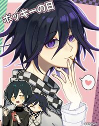 Rule 34 | 2boys, :o, black hair, black jacket, blush, checkered clothes, checkered scarf, chifurin, closed eyes, closed mouth, danganronpa (series), danganronpa v3: killing harmony, food, food in mouth, grey jacket, hair between eyes, hands up, heart, highres, holding, holding food, holding pocky, jacket, long sleeves, male focus, multicolored background, multiple boys, multiple views, oma kokichi, pink background, pocky, pocky in mouth, purple eyes, purple hair, saihara shuichi, scarf, speech bubble, spoken heart, striped clothes, striped jacket, sweatdrop, translation request