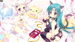 Rule 34 | 1boy, 1girl, :d, albino, animal ears, animal hands, arm at side, back, bad id, bad pixiv id, bear, bell, between legs, black legwear, black panties, blue hair, bow, box, breasts, candy, cat cutout, cat ear panties, cat ears, cat hair ornament, cat lingerie, cat paws, cat tail, character request, chocolate, choker, cleavage cutout, closed mouth, clothing cutout, eyebrows, facial mark, food, forehead mark, frills, from above, fur trim, gift, gift box, hair ornament, hairclip, hand between legs, heart, heart-shaped pillow, highres, holding, holding food, jingle bell, kerberos blade, long hair, looking at viewer, medium breasts, meme attire, navel, neck bell, no shoes, on bed, open mouth, panties, parted bangs, pillow, pink bow, pink ribbon, purple eyes, rabbit, red eyes, ribbon, side-tie panties, sitting, small breasts, smile, sparkle, stomach, sweets, swept bangs, tail, tail bell, tail ornament, trap, underwear, underwear only, wariza, white day, white hair, white legwear, white panties, wrist cuffs, yellow ribbon, yuyumatsu