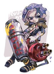Rule 34 | 1boy, absurdres, ace attorney, ascot, barok van zieks, black jacket, blue hair, closed mouth, crossover, full body, gloves, highres, holding, holding weapon, jacket, long sleeves, male focus, nintendo, octoling, octoling boy, octoling player character, pants, reba (akeruna), scar, scar on face, short hair, solo, splatoon (series), tentacle hair, the great ace attorney, weapon, white ascot, white gloves
