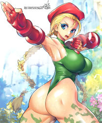 Rule 34 | 1girl, armpits, ass, beret, blonde hair, blue eyes, bodypaint, braid, breasts, cammy white, green leotard, hat, highres, large breasts, leotard, long hair, looking at viewer, open mouth, pixiv id, plant, red hat, signature, solo, street fighter, street fighter ii (series), thong leotard, twin braids, twitter username, umigarasu (kitsune1963), v-shaped eyebrows