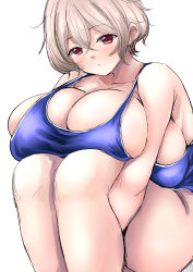 Rule 34 | 1girl, absurdres, blonde hair, blue one-piece swimsuit, blush, breasts, brown eyes, bursting breasts, highres, huge breasts, looking at viewer, one-piece swimsuit, sgwmanga, short hair, swimsuit, thick thighs, thighs, white background