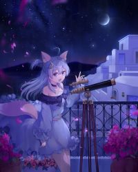 Rule 34 | 1girl, ahoge, animal ears, bad id, bad pixiv id, bare shoulders, black choker, blue dress, blue eyes, blue hair, blue nails, bougainvillea (flower), building, choker, collarbone, commentary request, crescent, crescent hair ornament, dress, fox ears, fox girl, fox tail, hair between eyes, hair ornament, highres, long hair, long sleeves, moon, mountain, nail polish, night, night sky, off-shoulder dress, off shoulder, original, outdoors, petals, piyo (sqn2idm751), puffy long sleeves, puffy sleeves, railing, sky, sleeves past wrists, solo, star (sky), starry sky, tail, telescope, virtual youtuber, water