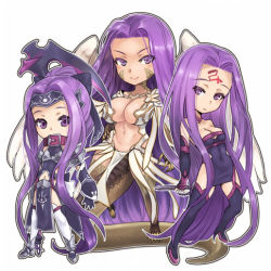 Rule 34 | 3girls, akinaie, boots, braid, breasts, buckle, claws, cleavage, cleavage cutout, clothing cutout, collar, facial mark, fate/grand order, fate (series), forehead mark, gorgon (fate), gorgon (third ascension) (fate), hip vent, hood, large breasts, long hair, looking at viewer, matching hair/eyes, medusa (fate), medusa (lancer) (fate), medusa (rider) (fate), medusa (rider) (third ascension) (fate), monster girl, multiple girls, navel, navel cutout, pelvic curtain, purple eyes, purple hair, rider, scales, small breasts, smile, snake tail, tail, thigh boots, thighhighs, very long hair, weapon