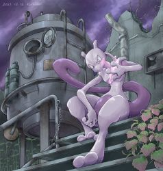 Rule 34 | chain, cloud, cloudy sky, commentary request, creatures (company), dated, energy, from below, game freak, gen 1 pokemon, highres, katkichi, leaf, legendary pokemon, looking down, mewtwo, nintendo, outdoors, pink eyes, pokemon, pokemon (creature), ruins, signature, sitting, sky, solo, stairs, toes