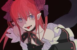 Rule 34 | 1girl, black dress, blue eyes, dark background, detached sleeves, dress, elizabeth bathory (fate), elizabeth bathory (fate/extra ccc), fate/extra, fate/extra ccc, fate (series), flat chest, grey tail, hair ribbon, halter dress, halterneck, horns, leaning forward, long hair, looking at viewer, noz 2to, pink hair, pink horns, pointy ears, purple ribbon, ribbon, simple background, solo, tongue, tongue out