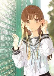 Rule 34 | 1girl, absurdres, black sailor collar, blue neckerchief, blunt bangs, blurry, blurry background, blush, brown eyes, brown hair, chain-link fence, collarbone, day, depth of field, fence, tucking hair, hechima (issindotai), highres, huge filesize, long hair, long sleeves, looking at viewer, neckerchief, original, outdoors, parted lips, sailor collar, school uniform, serafuku, shirt, solo, straight hair, sunlight, upper body, very long hair, white shirt