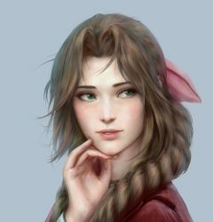 Rule 34 | 1girl, aerith gainsborough, bangle, bracelet, braid, braided ponytail, brown hair, final fantasy, final fantasy vii, final fantasy vii remake, green eyes, grey background, hair over shoulder, hair ribbon, hand on own face, highres, honeybunny-art, jewelry, lips, long hair, looking to the side, parted bangs, parted lips, pink ribbon, portrait, ribbon, sidelocks, solo, upper body