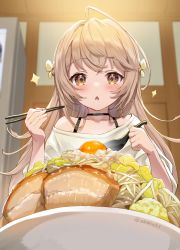 Rule 34 | 1girl, ahoge, akamoku, bare shoulders, blush, bra strap, brown eyes, chopsticks, commentary request, food, food focus, hands up, highres, holding, holding chopsticks, holding spoon, light brown hair, long hair, looking at viewer, noodles, off shoulder, original, plate, soba, solo, sparkle, spoon, triangle mouth, twitter username