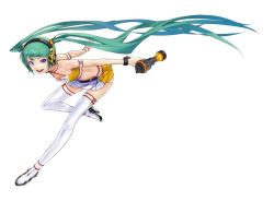 Rule 34 | 1girl, aqua hair, bent over, blue eyes, boots, crop top, full body, goodsmile racing, halterneck, hatsune miku, headphones, long hair, looking at viewer, miniskirt, official art, race queen, racing miku, racing miku (2010), redjuice, simple background, skirt, solo, thigh boots, thighhighs, twintails, very long hair, vocaloid, white background, white thighhighs