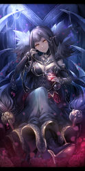 Rule 34 | 1girl, armchair, black hair, breasts, chair, cleavage, commentary request, cup, drinking glass, fate/grand order, fate (series), holding, letterboxed, long hair, looking at viewer, pointy ears, semiramis (fate), smile, solo, wine glass, yellow eyes, yunohito