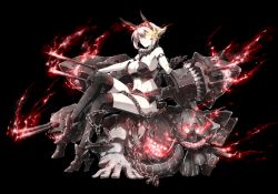 Rule 34 | 10s, 1girl, abyssal ship, alternate color, bare shoulders, black background, breasts, dark persona, gloves, glowing, glowing eyes, halcon, halcon matsumoto, headgear, kantai collection, monster, mutsu (kancolle), navel, personification, short hair, smile, solo, thighhighs, yellow eyes