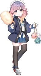 Rule 34 | 1girl, akasaka yuzu, aqua neckerchief, black thighhighs, blue sailor collar, blue skirt, cotton candy, food, full body, gloves, gradient hair, happi, hat, holding, holding food, japanese clothes, kantai collection, long hair, long sleeves, multicolored hair, neckerchief, official art, pleated skirt, purple hair, sailor collar, sailor hat, school uniform, serafuku, sidelocks, skirt, smile, solo, thighhighs, tongue, tongue out, transparent background, tsushima (kancolle), white gloves, white hat, yellow eyes