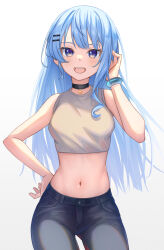 Rule 34 | 1girl, :d, absurdres, alternate costume, aoi zerii, black choker, blue eyes, blue hair, breasts, casual, choker, crop top, denim, grey tank top, hand on own hip, highres, hololive, hoshimachi suisei, jeans, long hair, medium breasts, midriff, navel, open mouth, pants, smile, solo, star (symbol), star in eye, stomach, symbol in eye, tank top, very long hair, virtual youtuber