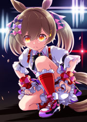Rule 34 | &gt;:(, 1girl, animal ears, bloomers, bow, breasts, brown hair, center frills, closed mouth, collared shirt, commentary request, flaming eye, frilled skirt, frilled socks, frills, frown, full body, glowing, glowing eyes, hair bow, harada (sansei rain), highres, horse ears, horse girl, horse tail, long hair, on one knee, orange eyes, pink bow, pleated skirt, puffy short sleeves, puffy sleeves, purple bow, red skirt, red socks, shirt, shoes, short sleeves, skirt, small breasts, smart falcon (umamusume), socks, solo, tail, twintails, umamusume, underwear, v-shaped eyebrows, white bloomers, white shirt, wrist cuffs