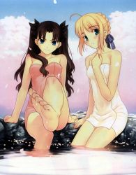 Rule 34 | 2girls, antenna hair, armpits, arms at sides, artoria pendragon (all), artoria pendragon (fate), assertive female, barefoot, black bow, black hair, black ribbon, blonde hair, blue bow, blue ribbon, blush, bow, braid, breasts, cherry blossoms, closed mouth, unworn clothes, collarbone, completely nude, day, eyelashes, facing viewer, fate (series), feet, feet in water, feet up, female focus, foot worship, french braid, full body, green eyes, hair between eyes, hair ornament, hand on own chest, hands up, highres, leg up, legs, legs together, long hair, looking at viewer, medium breasts, multiple girls, naked towel, navel, neck, nude, official art, onsen, open mouth, outdoors, outstretched foot, outstretched leg, parted bangs, pink towel, pov, ribbon, saber (fate), seductive smile, sexually suggestive, shiny skin, shy, sidelocks, sky, small breasts, smile, smirk, smug, soles, thighs, thighs together, toenails, toes, tohsaka rin, towel, water, water drop, white towel