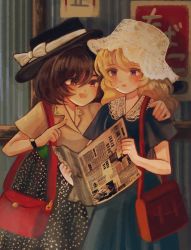 Rule 34 | 2girls, :d, alternate costume, arm around shoulder, bag, black headwear, blonde hair, blue dress, blush, bow, brown eyes, brown hair, collared shirt, commentary, cowboy shot, dress, fedora, grey skirt, hair between eyes, hand on another&#039;s shoulder, hat, hat bow, hell0120, highres, holding, holding newspaper, long hair, looking at object, maribel hearn, medium hair, multiple girls, newspaper, open mouth, purple eyes, reading, red bag, shirt, short sleeves, shoulder bag, skirt, smile, touhou, usami renko, white bow, white headwear, white shirt