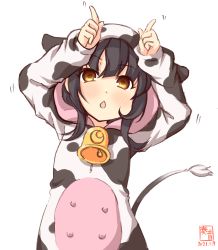 Rule 34 | 1girl, alternate costume, animal costume, animal hood, animal print, artist logo, bell, black hair, brown eyes, commentary request, cow costume, cow hood, cow print, cow tail, cowbell, dated, highres, hood, hood up, hoodie, horns pose, kanon (kurogane knights), kantai collection, light blush, long hair, mikazuki (kancolle), open mouth, print hoodie, simple background, solo, tail, white background