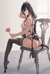 Rule 34 | 1girl, black hair, black thighhighs, flower, hair between eyes, hand on own head, highres, holding, holding flower, kantai collection, kasumi (skchkko), lingerie, long hair, looking at viewer, nagato (kancolle), on chair, rose, simple background, sitting, thighhighs, underwear