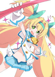 Rule 34 | 1girl, blazblue, blonde hair, blue skirt, blush, bow, gloves, green bow, green eyes, green hairband, hair bow, hairband, holding, holding weapon, ixy, long hair, looking at viewer, low-tied long hair, muchourin, navel, open mouth, outstretched arm, platinum the trinity, pleated skirt, quad tails, simple background, skirt, smile, solo, very long hair, weapon, white background, white gloves