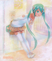 Rule 34 | 1girl, artist name, green eyes, green hair, hatsune miku, leaning forward, long hair, looking at viewer, matching hair/eyes, mayo riyo, open mouth, school uniform, shoes, skirt, sneakers, solo, thighhighs, traditional media, twintails, very long hair, vocaloid, white thighhighs
