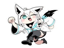 Rule 34 | 1girl, :3, :d, absurdres, ahoge, animal ear fluff, animal ears, aqua eyes, aqua neckerchief, black thighhighs, blush, braid, chibi, clenched hands, cocomayo29 (tomato), commentary request, crossed bangs, detached sleeves, fang, fox ears, fox girl, fox tail, full body, hair between eyes, highres, hololive, korean commentary, long hair, long sleeves, looking at viewer, neckerchief, one eye closed, open mouth, shirakami fubuki, shirakami fubuki (1st costume), side braid, simple background, single thighhigh, smile, solo, tail, thighhighs, virtual youtuber, white background, white hair