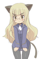 Rule 34 | 00s, 1girl, angry, animal ears, bad id, bad pixiv id, blonde hair, cat ears, cat tail, glasses, long hair, okayu (okayushop), panties, panties under pantyhose, pantyhose, perrine h. clostermann, simple background, solo, strike witches, tail, underwear, uniform, world witches series, yellow eyes
