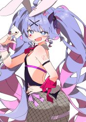 Rule 34 | 1girl, absurdres, animal ears, arm ribbon, armlet, ass, bare shoulders, blue eyes, blush, bracelet, card, colored inner hair, fishnets, hair ornament, half-closed eyes, hatsune miku, highres, jewelry, long hair, looking at viewer, looking back, multicolored hair, playing card, purple hair, rabbit ears, rabbit hair ornament, rabbit hole (vocaloid), ribbon, solo, thigh strap, twintails, uruti 2388, very long hair, vocaloid, white background, x hair ornament