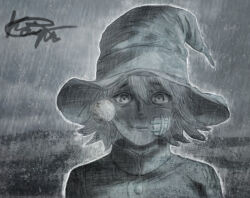 Rule 34 | 1girl, blonde hair, blood, blood on face, closed mouth, greyscale, hat, looking at viewer, monochrome, night, night sky, nina (yuusha goikkou no kaerimichi), rain, serious, shirt, sky, yuusha goikkou no kaerimichi