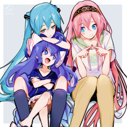 Rule 34 | 3girls, aqua eyes, aqua hair, arm on own head, between legs, black socks, blue eyes, blue hair, blue headwear, blue shirt, brown pants, commentary, eel hat, expressionless, fang, fingers together, hair ornament, hairband, half-closed eyes, hatsune miku, highres, hood, hoodie, index fingers together, kneehighs, large hat, long hair, looking at another, megurine luka, miniskirt, multiple girls, open mouth, otomachi una, pants, pink hair, pleated skirt, pout, shirt, signature, sitting, skirt, smile, socks, twintails, v-shaped eyebrows, very long hair, vocaloid, wanaxtuco, white hoodie, white skirt