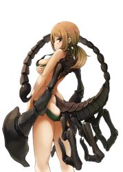 Rule 34 | 159cm, 1girl, arthropod girl, arthropod limbs, ass, bikini, blush, brown eyes, brown hair, closed mouth, covering privates, covering breasts, from behind, green bikini, looking at viewer, looking back, low twintails, monster girl, original, pincers, scorpion girl, scorpion tail, simple background, solo, standing, swimsuit, tail, twintails, white background