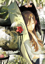 Rule 34 | 1girl, blurry, brown hair, chair, closed eyes, depth of field, flower, headphones, la-na, leaf, long hair, original, parted lips, plant, shirt, sitting, solo, striped clothes, striped shirt