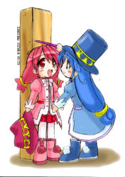 Rule 34 | 00s, 2girls, blue hair, blush, boots, coat, fine (futagohime), full body, fushigiboshi no futago hime, hat, holding, holding clothes, holding hat, long hair, looking up, lowres, measuring, multiple girls, overcoat, pantyhose, pink hair, plaid, plaid skirt, puffy sleeves, red skirt, rein (futagohime), skirt, smile, standing, top hat, twintails, unworn hat, unworn headwear, very long hair