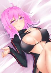 Rule 34 | 1girl, bed, bike shorts, bikini, black bikini, breasts, center opening, female focus, gradient background, hand on own chest, highres, hood, hoodie, karaage (ta-na), large breasts, looking at viewer, lying, on back, open clothes, original, pink eyes, pink hair, smile, solo, swimsuit