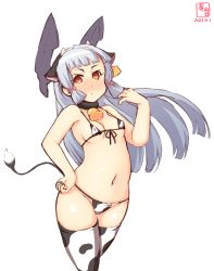 Rule 34 | 1girl, animal ears, animal print, artist logo, bikini, breasts, commentary request, covered erect nipples, cow ears, cow horns, cow print, cow tail, dated, fake animal ears, fake horns, front-tie top, hair ribbon, headgear, highres, horns, kanon (kurogane knights), kantai collection, long hair, micro bikini, murakumo (kancolle), navel, one-hour drawing challenge, orange eyes, ribbon, short eyebrows, side-tie bikini bottom, sidelocks, silver hair, simple background, small breasts, solo, swimsuit, tail, thighhighs, tress ribbon, white background, white bikini, white thighhighs