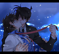 Rule 34 | 2boys, bad id, bad pixiv id, black hair, black jacket, blue eyes, blue shirt, brown hair, clothes, couple, doctor, eye contact, formal, glasses, holding hands, hug, jacket, kaitou kid, kudou shin&#039;ichi, kuroba kaito, letterboxed, looking at another, male focus, meitantei conan, monocle, monocle chain, multiple boys, necktie, night, open clothes, open shirt, shirt, short hair, star (symbol), suit, toujou sakana, undone necktie, undressing, white jacket, white shirt, yaoi
