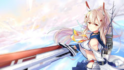 Rule 34 | 1girl, ayanami (azur lane), azur lane, bandaid, bandaid on arm, bare shoulders, blurry, breasts, cannon, choker, cloud, cloudy sky, depth of field, detached sleeves, foreshortening, hair ornament, highres, long hair, looking at viewer, medium breasts, midriff, ocean, personification, pleated skirt, ponytail, red eyes, ribbon, sailor collar, shionji ax, silver hair, skirt, sky, solo, sword, underboob, weapon, wide sleeves