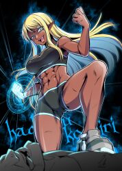 Rule 34 | 1boy, 1girl, abs, blonde hair, blue eyes, breasts, cleavage, crop top, dark-skinned female, dark skin, ebiblue, gesugao, half-closed eye, highres, large breasts, long hair, original, pointy ears, shoes, shorts, smile, sneakers, solo, sportswear, stepped on, thick thighs, thighs