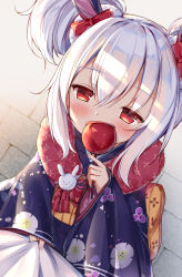 Rule 34 | 1boy, 1girl, azur lane, blurry, blush, bow, candy apple, clothes grab, commander (azur lane), commentary request, covered mouth, depth of field, double bun, eyes visible through hair, food, from above, fur scarf, hair between eyes, hair bow, hair bun, hair ornament, hairband, highres, holding, irokari, japanese clothes, kimono, laffey (snow rabbit and candy apple) (azur lane), long hair, long sleeves, looking at viewer, looking up, military, military uniform, naval uniform, obi, pov, red eyes, sash, shade, sidelocks, twintails, uniform, white hair, wide sleeves