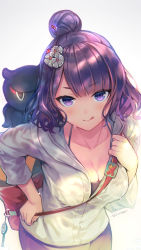 Rule 34 | 1girl, :q, artist name, bag, breasts, cleavage, collarbone, commentary request, dated, fate/grand order, fate (series), gradient background, grey jacket, hair bun, hair ornament, halterneck, jacket, katsushika hokusai (fate), katsushika hokusai (traveling outfit) (fate), leaning forward, long sleeves, looking at viewer, medium breasts, octopus, official alternate costume, purple eyes, purple hair, riv (rivleaf), short hair, shoulder bag, single hair bun, smile, solo, standing, sweat, tokitarou (fate), tongue, tongue out, upper body, v-shaped eyebrows