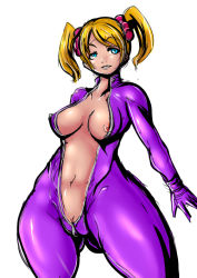 Rule 34 | 1girl, alternate costume, bad id, bad pixiv id, blonde hair, blue eyes, bodysuit, breasts, center opening, cheerleader, clitoris slip, full-length zipper, grasshopper manufacture, juliet starling, latex, lollipop chainsaw, long hair, marimo (ankokumarimo), nipple slip, nipples, no bra, open clothes, pussy, pussy peek, revealing clothes, scrunchie, short twintails, skin tight, smile, thick thighs, thighs, twintails, unzipped, wide hips, zipper