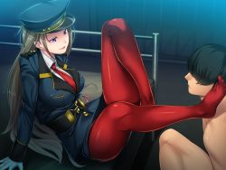Rule 34 | belt, brown hair, clothed female nude male, feet, gentle sasaki, gloves, legs, lips, nude, open mouth, pantyhose, police, police uniform, purple eyes, red pantyhose, thighs, toes, uniform