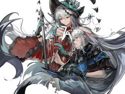Rule 34 | 2girls, arknights, black capelet, black gloves, blue gloves, blue headwear, capelet, commentary request, detached sleeves, dress, dual persona, gloves, grey hair, hair between eyes, harp, holding, holding instrument, instrument, long hair, multiple girls, naijiaer, red dress, red eyes, simple background, skadi (arknights), skadi the corrupting heart (arknights), very long hair, white background
