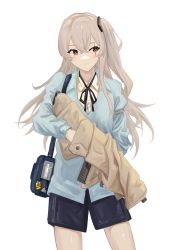 Rule 34 | 1girl, bag, blue jacket, bow, brown hair, girls&#039; frontline, gun, h&amp;k ump, highres, jacket, long hair, looking at viewer, name connection, object namesake, one side up, scar, scar across eye, scar on face, shirt, solo, submachine gun, ump45 (girls&#039; frontline), weapon, white background, white shirt, yao yang