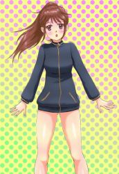 Rule 34 | 1girl, bare legs, female focus, gradient background, jacket, long sleeves, naked jacket, saki (manga), solo, takakamo shizuno, track jacket