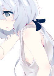 Rule 34 | 1girl, :o, breasts, grey eyes, hair ribbon, konno junko, looking away, low twintails, ma-yu, nipple slip, nipples, open mouth, ribbon, simple background, small breasts, solo, tank top, twintails, white background, white hair, zombie land saga