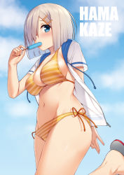 Rule 34 | 10s, 1girl, arm behind back, bikini, blue eyes, blue sky, blush, breasts, character name, cloud, collarbone, day, eating, food, from below, groin, hair ornament, hair over one eye, hairclip, halterneck, hamakaze (kancolle), kantai collection, large breasts, leg up, mikazuchi zeus, navel, open clothes, open shirt, orange bikini, outdoors, popsicle, sandals, shirt, short hair, short sleeves, silver hair, sketch, sky, solo, standing, standing on one leg, striped bikini, striped clothes, swimsuit, white shirt
