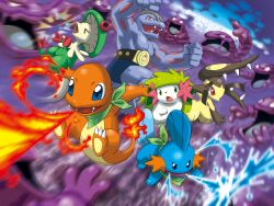 Rule 34 | above clouds, absurdres, breath weapon, breathing fire, breloom, bubble, charmander, cloud, creatures (company), fighting, fire, game freak, gen 1 pokemon, gen 3 pokemon, gen 4 pokemon, grimer, highres, legendary pokemon, machoke, mawile, motion blur, mudkip, muk, mythical pokemon, nintendo, no humans, official art, pokemon, pokemon (creature), pokemon mystery dungeon, pokemon mystery dungeon: explorers of time/darkness/sky, promotional art, scarf, shaymin, splashing, water